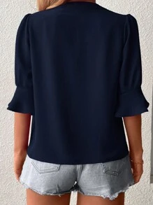 Plus Size Solid Color Notched Collar Shirt - Navy Blue - View 2