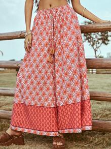 Soleia Pantalones Anchos Y Holgados Para Mujer Impresos Florales En Estilo Bohemio Casual Con Borlas Y Cordón, Perfectos Para Vacacionar - Multicolor - Ver 1
