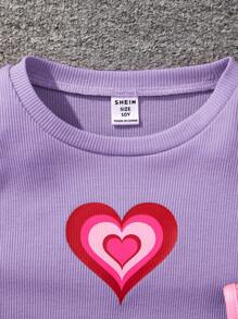 SHEIN Tween Girl Sporty Street Style Knitted Heart Print Round Neck Sleeveless Dress 2pcs/Set - Mauve Purple - View 3
