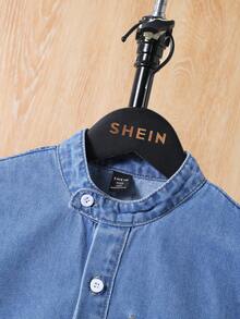 SHEIN 青少年男孩2入組休閒舒適軟質藍色丹寧襯衫和藍色破洞牛仔短褲套裝,適用於春夏青少年男孩服裝 - 中等水洗藍 - 查看 4