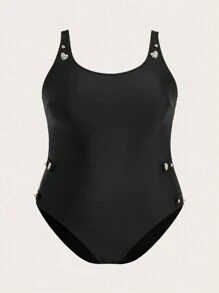 SHEIN Swim Curve Plus Size One-Piece Swimsuit With Heart Decoration Summer - Black - View 1
