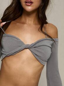 MUSERA Grey Knitted Twist Front Crop Top Spring Summer Brunch Cute Sexy Holiday Beach Ibiza Night Out Party Winter Chic - Grey - View 1