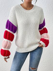 Chiquease Suéter casual holgado de cuello redondo en bloques de color, jersey de punto para otoño e invierno - Multicolor - Ver 3