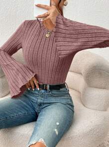 SHEIN Frenchy Camiseta Básica Con Mangas Acampanadas Con Volantes, Recortadas Con Forma De Lechuga Y Tela De Grano - Rosa vieja - Ver 5