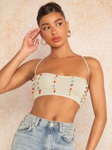 SHEIN BAE 女式背帶繫帶&領繫式短款針織上衣 - 杏色 - 查看 3