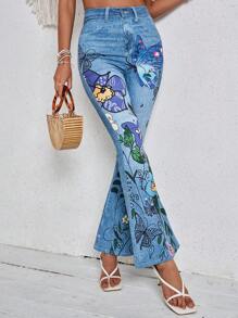 SHEIN VCAY Women's Butterfly Print Flared Jeans, Beachwear, Country Festival Clothing, Casual Women's Denim Flares, Spring Clothing, Summer Clothing, Festival Clothing
