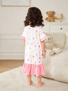 SHEIN Young Girl Round Neck Short Sleeve Cartoon Pattern Casual Cute Sleep Dress With Contrast Color Ruffle Cuffs - Pink - View 2