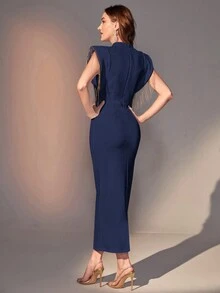 Modelyn 女式流苏装饰宽肩紧身连衣裙 - 藏蓝色 - 查看 2