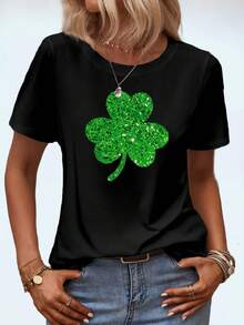 SHEIN LUNE 女款三葉草印花休閒短袖 T 卹 - 黑色 - 查看 3