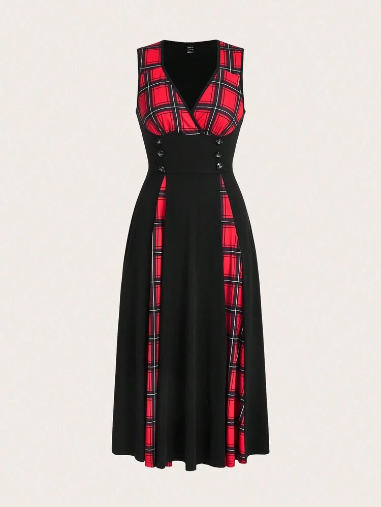 Black Patchwork Red Check Waist Waist Long Dress