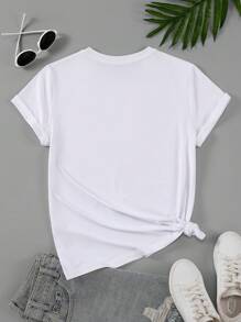 INAWLY Loose-Fit Short Sleeve T-Shirt With Letter Print Graphic Tees Women Tops - White - View 2
