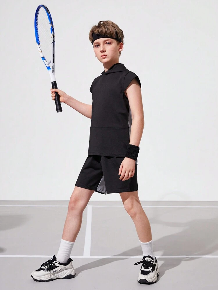 Tween Boys' Sports Yoga Set For Fitness, Running, Cycling, Breathable, Stretchy, Sweat-Wicking, Simple And Fashionable Design