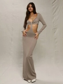 MUSERA 灰色针织镂空侧边长裙，春夏早午餐可爱装扮 - 灰色 - 查看 1