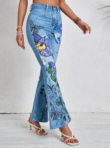 SHEIN VCAY Women's Butterfly Print Flared Jeans, Beachwear, Country Festival Clothing, Casual Women's Denim Flares, Spring Clothing, Summer Clothing, Festival Clothing