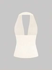 SHEIN Unity Solid Color Strappy Halterneck Knitted Top - Beige - View 2