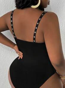 Slaydiva Plus Size Wing & Rose & Letter Print Sleeveless Bodysuit - Black - View 2