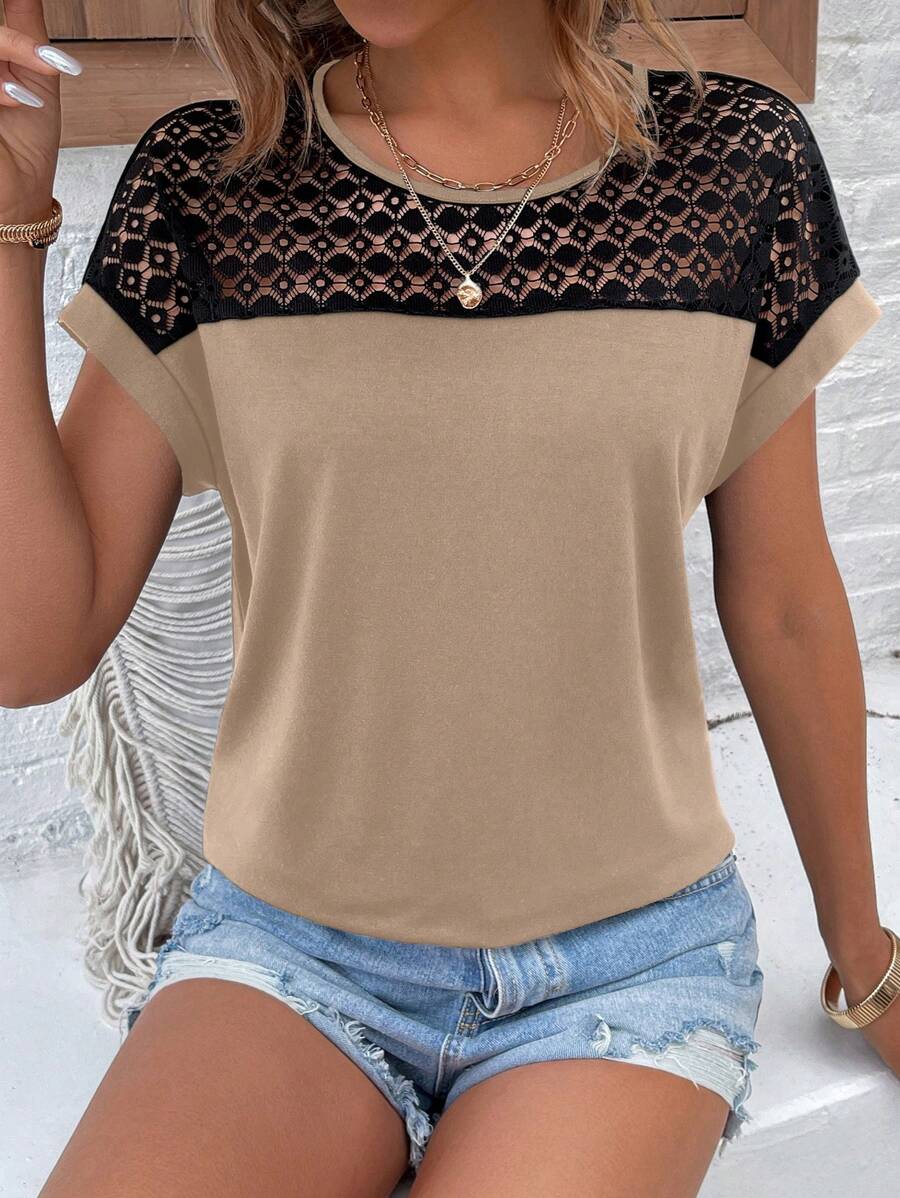 EMERY ROSE 蕾丝嵌件圆领蝙蝠袖 T 恤图案 T 恤女式上衣 - 卡其色 - 查看 1