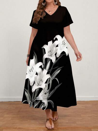 EMERY ROSE Robe longue décontractée moulante à imprimé floral pour femme grande taille