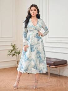 DAZY Elegant Floral Wrap Tea-Length Dress With Belt For Women, Fall Dress Long Sleeve Dress Easter Dress - Blue - View 3