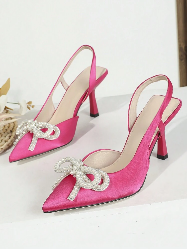 Accesorios de lujo y elegantes para mujeres con decoración de flor 3D y lazo con perlas. Apropiados para looks baddie, salidas nocturnas, estilo casual, primavera, estética elegante, tonos pastel de verano y apariencia sofisticada. Colores: blanco, rosa claro, plateado, marfil, nude. Para fiestas, vestidos de noche, sexy, dulce, tacones de tira, zapatos de novia y boda. Tallas: 4-14, 3-4 - Rosa Fucsia - Ver 4