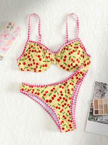 SHEIN Swim Ladies' Two-Piece Cherry Print Bikini Set For Summer Beach Vacations, Bikini Set Outfit Bathing Suit - Multicolor - View 5
