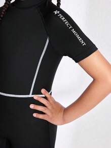 SHEIN Tween Girl Simple Black Short Sleeve Stand Collar Jumpsuit For Sports - Black - View 5