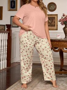 Rozmiar Plus Damski Równy Krótki Rękaw Topy I Kwiatowy Nadrukowany Długi Spodnie Komplety Piżamowe