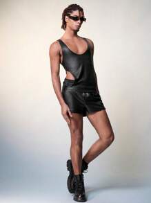 FeverCity Men's Sleeveless Stretchy Faux Leather Side Split Tank Top And Shorts Set - Black - View 4