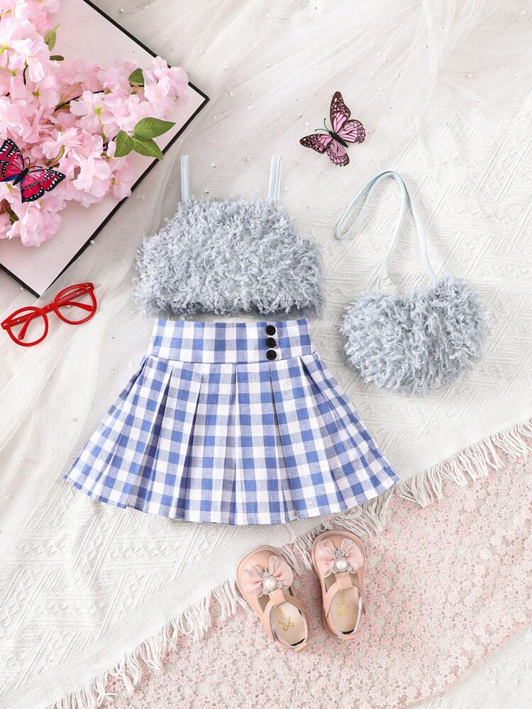 Baby Strap Top & Plaid Skirt Set
