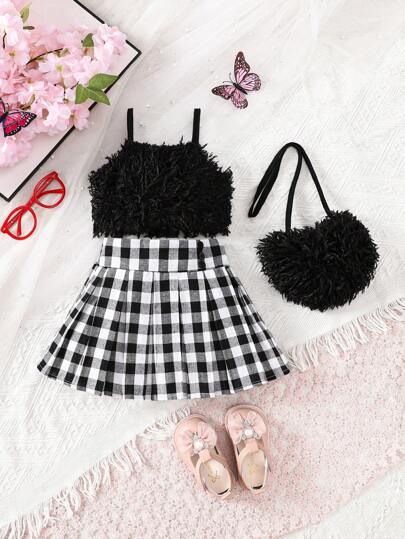 嬰兒女孩純色綁頸格紋裙子套裝