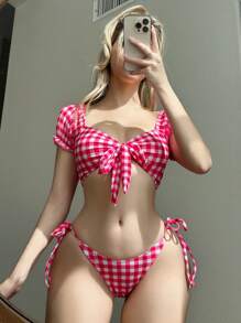 Swim Mod 女士粉色格子短袖比基尼套装，泳装泳衣沙滩装夏季度假，夏季海滩上衣和比基尼套装下装比基尼套装 - 粉色 - 查看 1