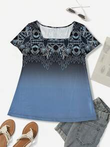 时尚轻盈优雅几何印花方领短袖休闲T恤，女士百搭，适合办公、旅行休闲、春夏度假等场合。 - 藏蓝色 - 查看 3