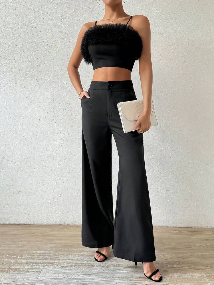 Solid Color Mesh Contrast Crop Top And Wide Leg Pants Two Pieces Set