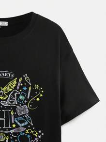 HARRY POTTER X SHEIN Plus Cartoon And Letter Graphic Drop Shoulder Tee, For Summer - Black - View 5