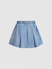SHEIN Teen Girl Y2K Metallic Solid Washed Pleated Denim Skirt, Girls Spring Summer Clothes Outfits - Light Wash - View 2