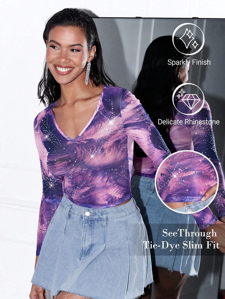 Women's Purple Rhinestone See-Through Tie-Dye Slim Fit Street-Wear Top