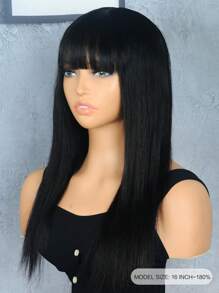 180% Density Straight Human Hair Wig With Bangs 16-18 Inch Natural Black Remy Scalp Top Full Machine Made Wigs For Women Daily Use - SNatural - View 4