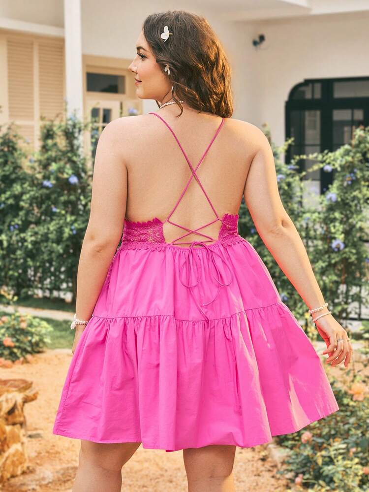 Plus Size Sexy Vacation Style Contrast Lace Overlay Cross Back Tie Waist Dress