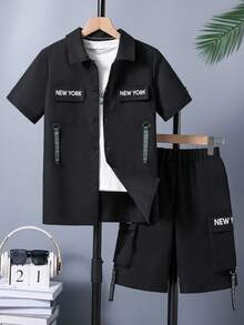 SHEIN Cậu bé Tween Túi có nắp & Lủng lẳng Thắt lưng Cargo Áo sơ mi Và Bộ quần short - màu đen - Xem 4