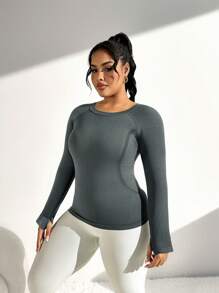 Gameset SHEIN Sport Plus Size, High Stretch, Round Neck, Dolman Sleeve, Thumb Hole Women's Sports T-Shirt