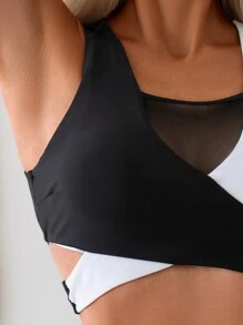 SHEIN Swim Conjunto de bikini con bloques de color y empalme de malla para dama, conjunto de bikini, traje de baño, atuendo de playa, traje de baño para festival de música de verano, verano playa
