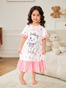 SHEIN Young Girl Round Neck Short Sleeve Cartoon Pattern Casual Cute Sleep Dress With Contrast Color Ruffle Cuffs - Pink - View 1