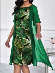 SHEIN Lady Váy voan nửa trong in thực vật xuyên qua vải tay ngắn bên trong-bên ngoài Váy 2 trong 1 - Màu xanh lá cây đậm - Xem 6