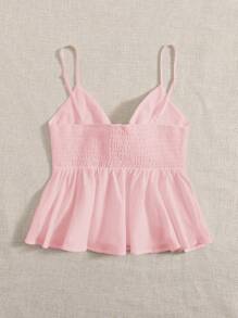 Soleia Woven Solid Color Cami Top With Ruffle Hem And Front Knot Design - Pink - View 2
