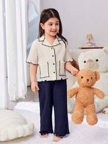 SHEIN Young Girl Loose And Cute Color-Blocking Collar-Turned Short Sleeve Shirt And Wide Leg Pants Pajama Set, 2pcs - Navy Blue - View 5