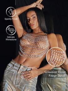 SHEIN BAE Solid Color Fringed Top With Rhinestone & Gem Decoration For Spring/Summer Party, Date Night, Music Festival And Nightclub Outfits - Silver - View 1