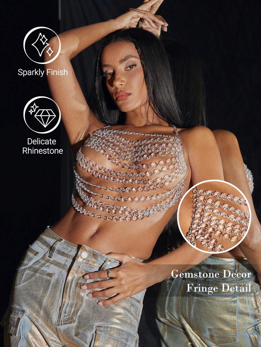 SHEIN BAE Solid Color Fringed Top With Rhinestone & Gem Decoration For Spring/Summer Party, Date Night, Music Festival And Nightclub Outfits - Silver - View 1
