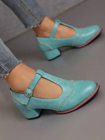 Vintage Burnt Flower T-Strap Chunky Heel Blue Single Shoes For Spring And Autumn