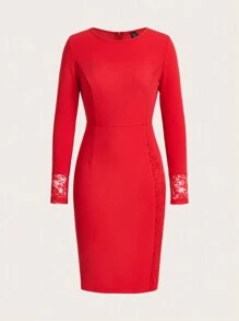 SHEIN Clasi 拼接蕾絲緊身性感紅色中長裙 - 紅色 - 查看 1
