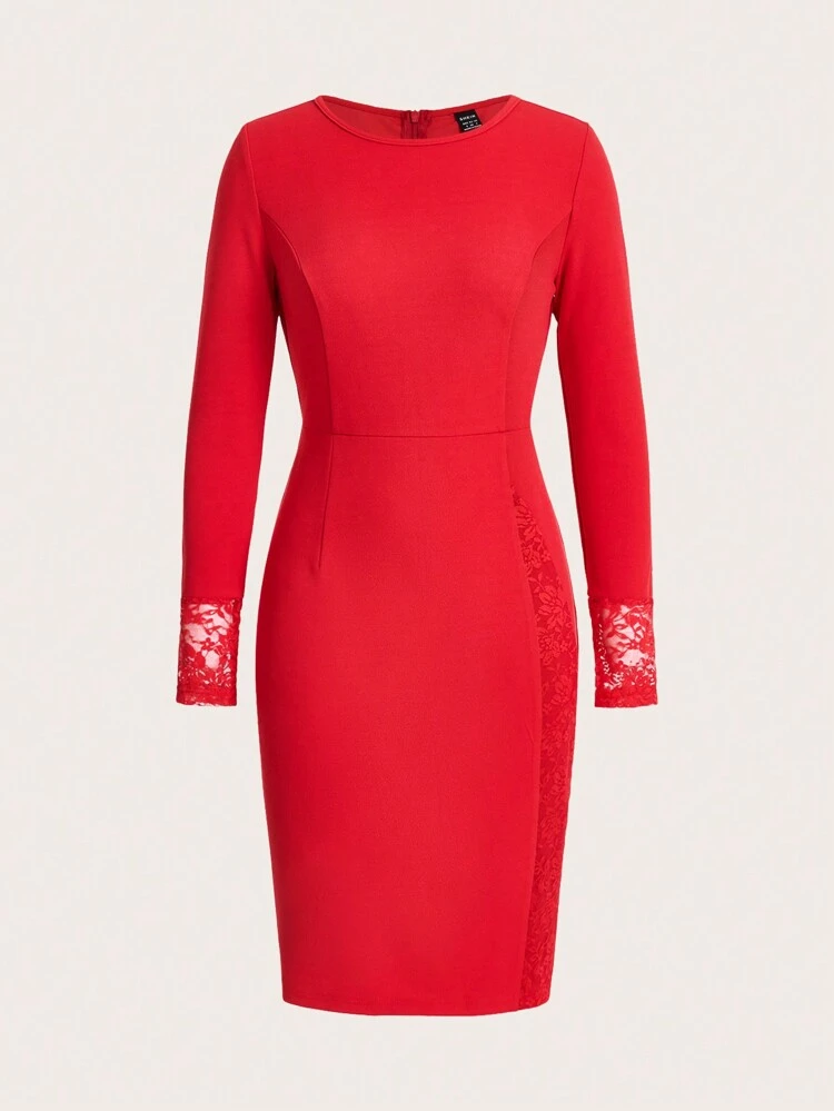 Patchwork Lace Tight Sexy Red Mid-Length Dress